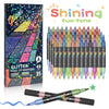 A set of 48 dual-tip glitter acrylic paint markers in various colors and shades displayed next to their packaging.