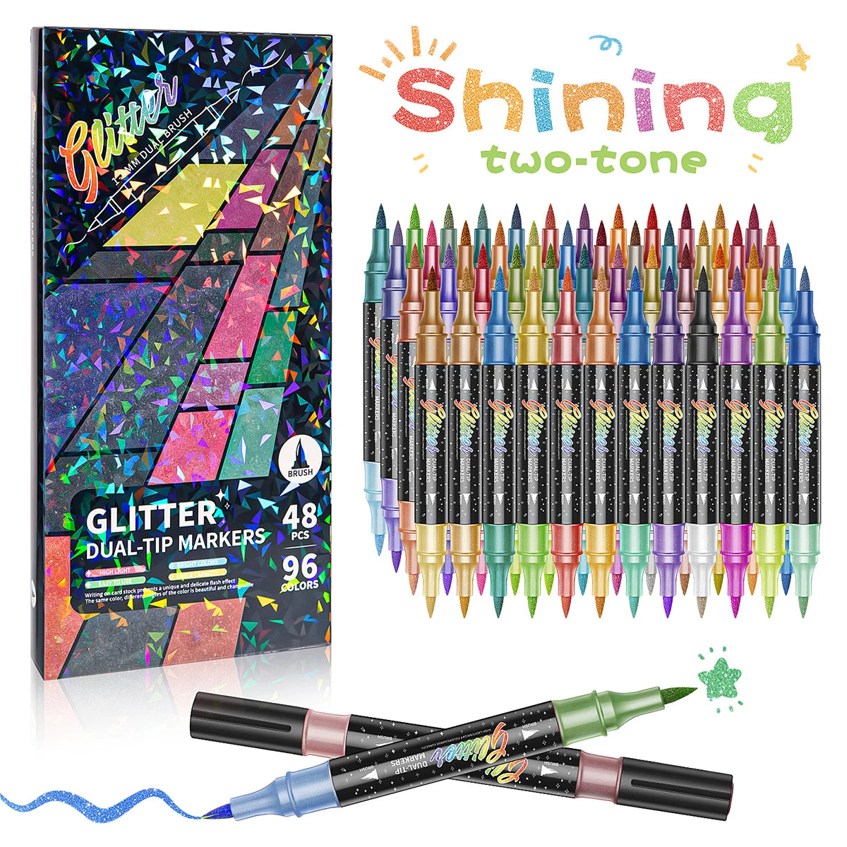 A set of 48 dual-tip glitter acrylic paint markers in various colors and shades displayed next to their packaging.