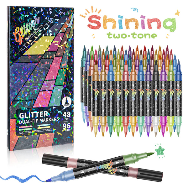 A set of 48 dual-tip glitter acrylic paint markers in various colors and shades displayed next to their packaging.