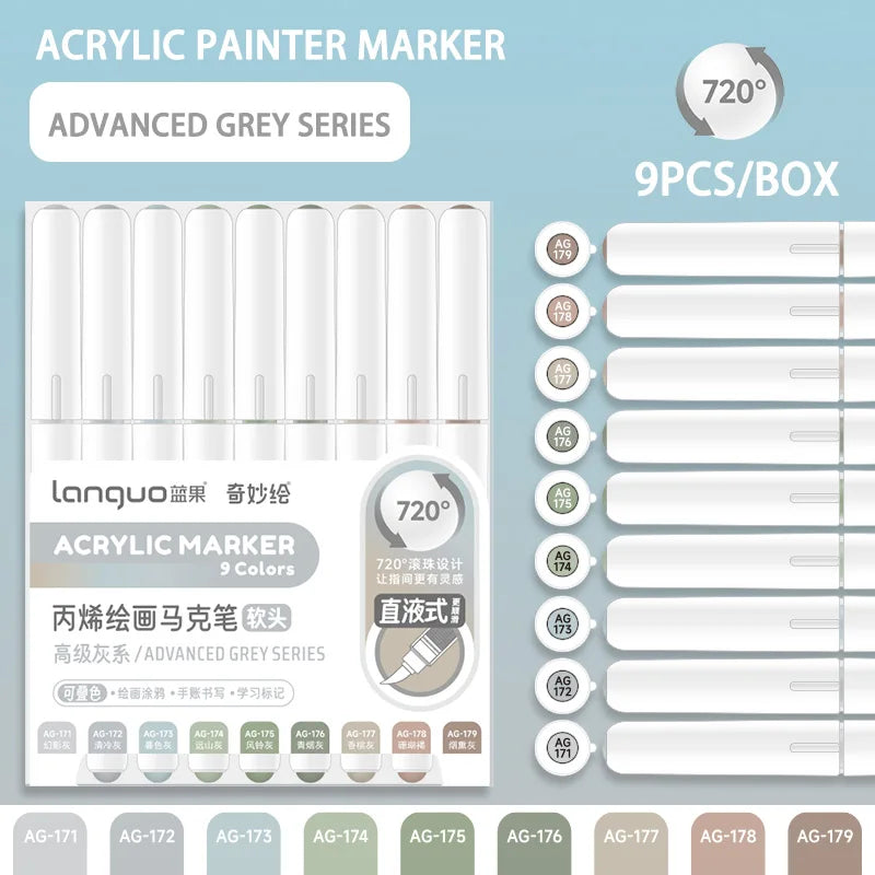 A box of Lanquo Acrylic Paint Markers Advanced Grey Series featuring 9 colors for drawing and art