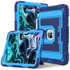 A blue silicone protective case with a stand for an iPad is shown, featuring multiple angles of the tablet.