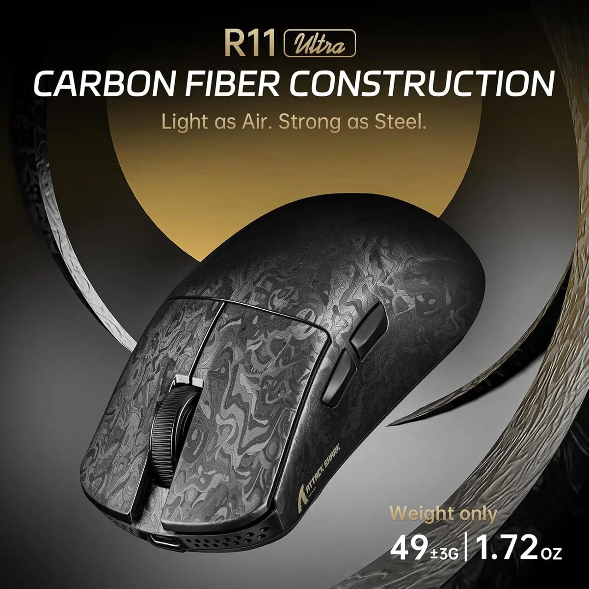 Black R11 Ultra carbon fiber construction wireless gaming mouse shown against a dark background.