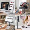 A set of three adjustable desktop monitors shown in working, gaming, and webcasting contexts.