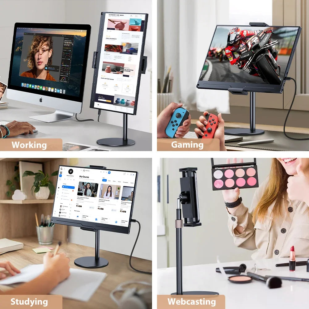 A set of three adjustable desktop monitors shown in working, gaming, and webcasting contexts.