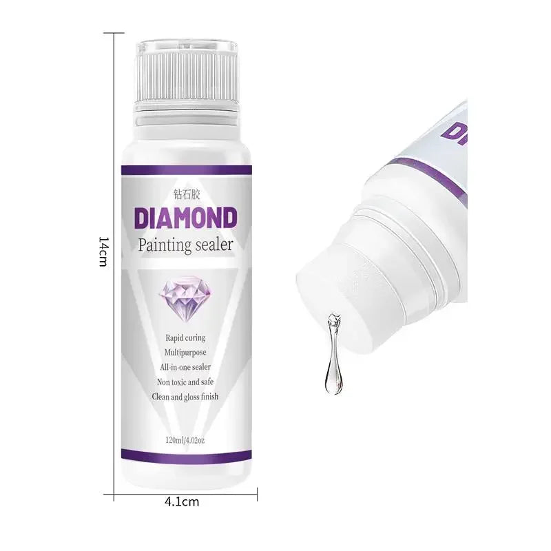 Eine Flasche Diamond-Painting-Versiegelung mit weißem Deckel und lila Etikett