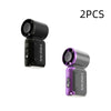 Two portable USB rechargeable mini fans, one black and one purple.