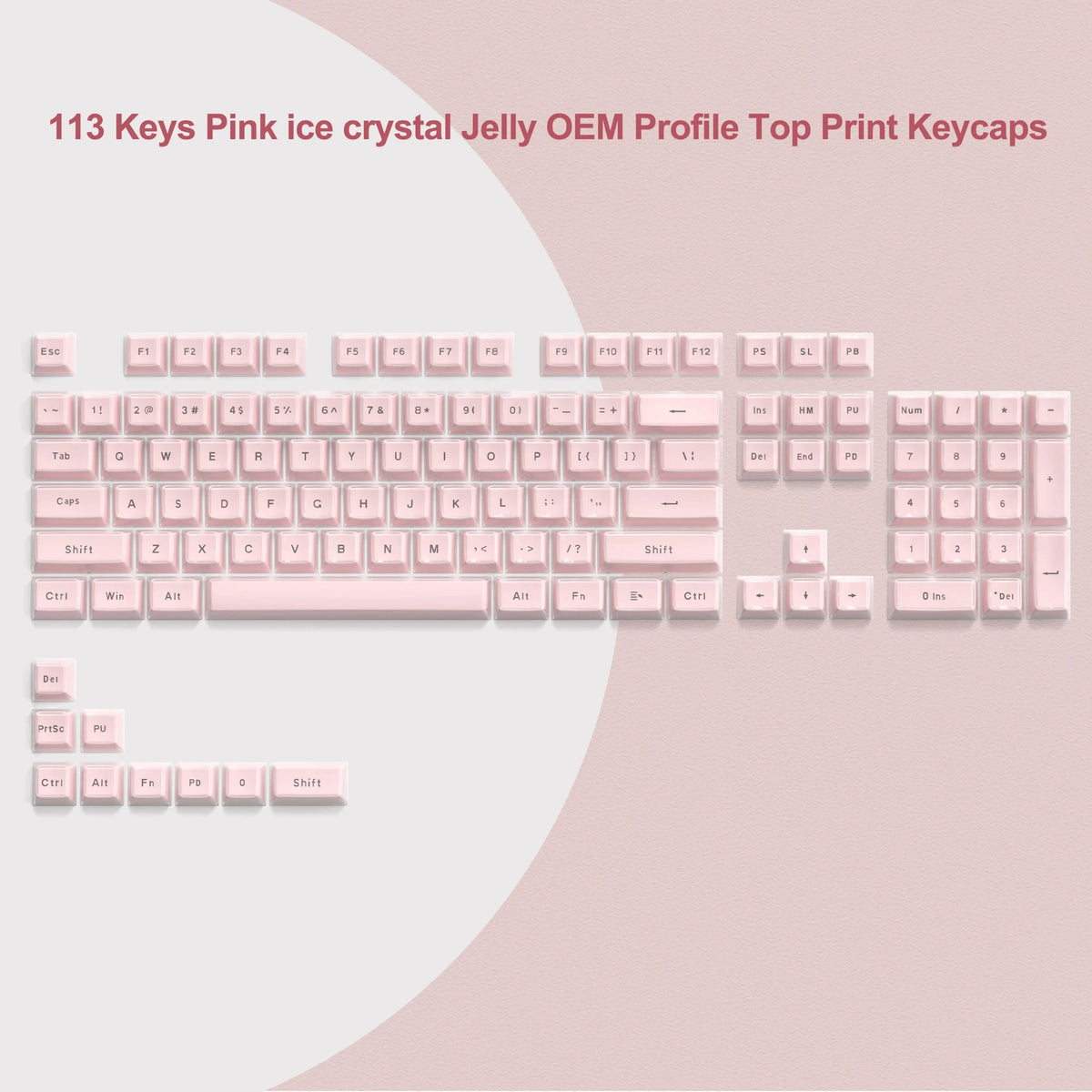 A set of 113 pink ice crystal jelly OEM profile top print keycaps for mechanical keyboards.