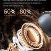 Close-up view of open ear clip Bluetooth earbuds and charging case with gold and silver accents against a dark background.