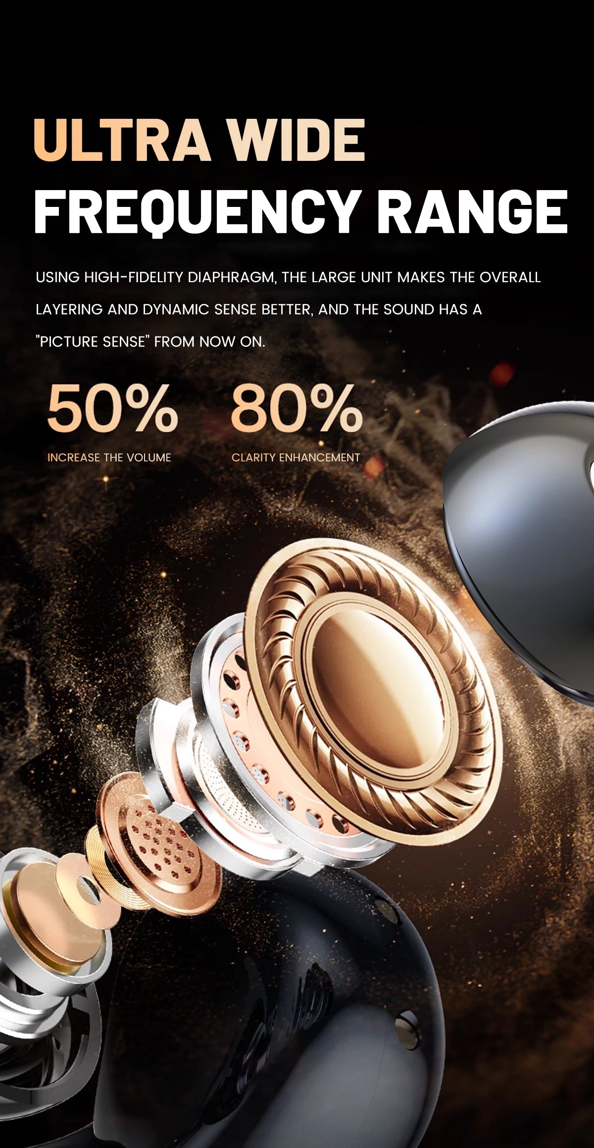Close-up view of open ear clip Bluetooth earbuds and charging case with gold and silver accents against a dark background.