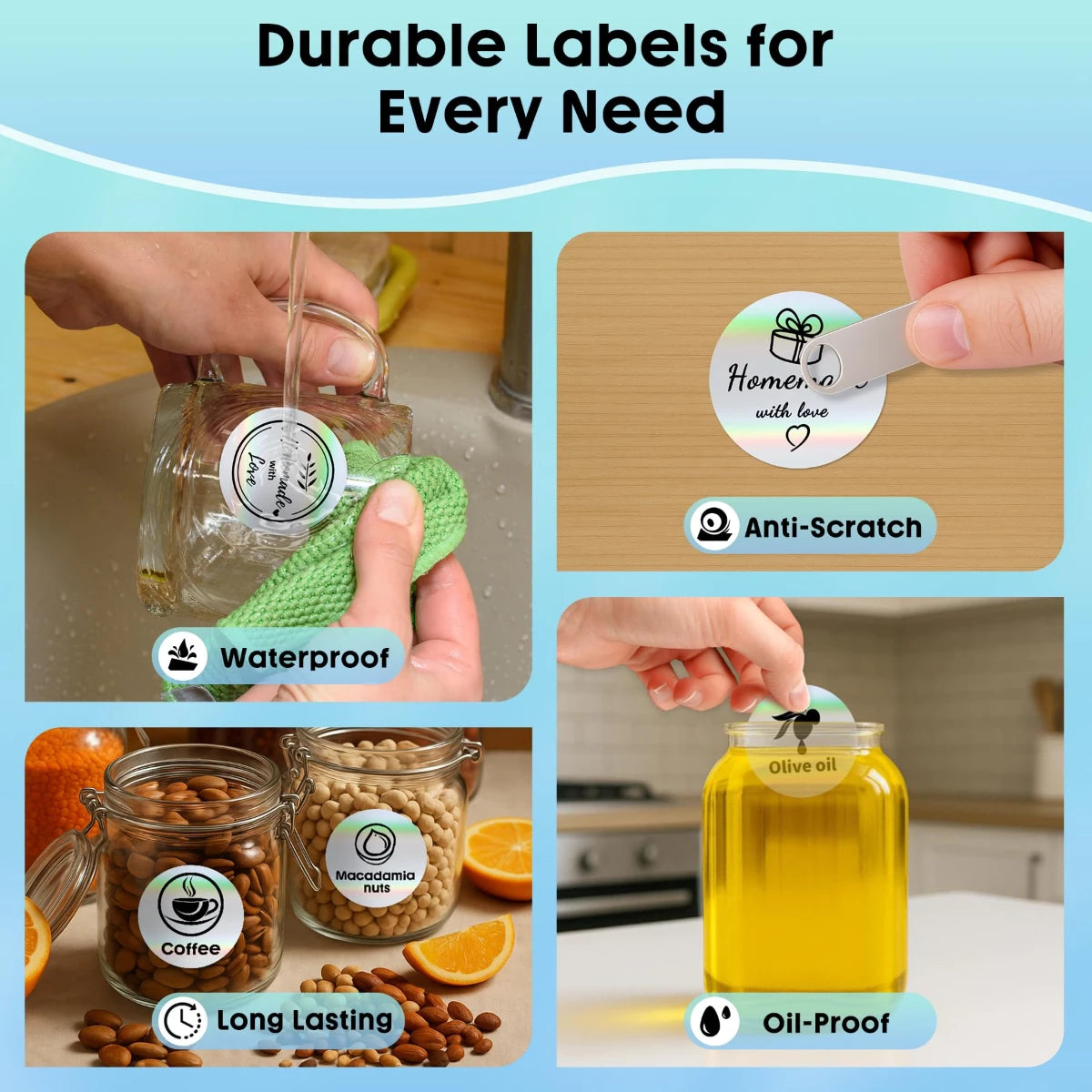 A collection of round thermal labels for various products including olive oil, coffee beans, and macadamia nuts.