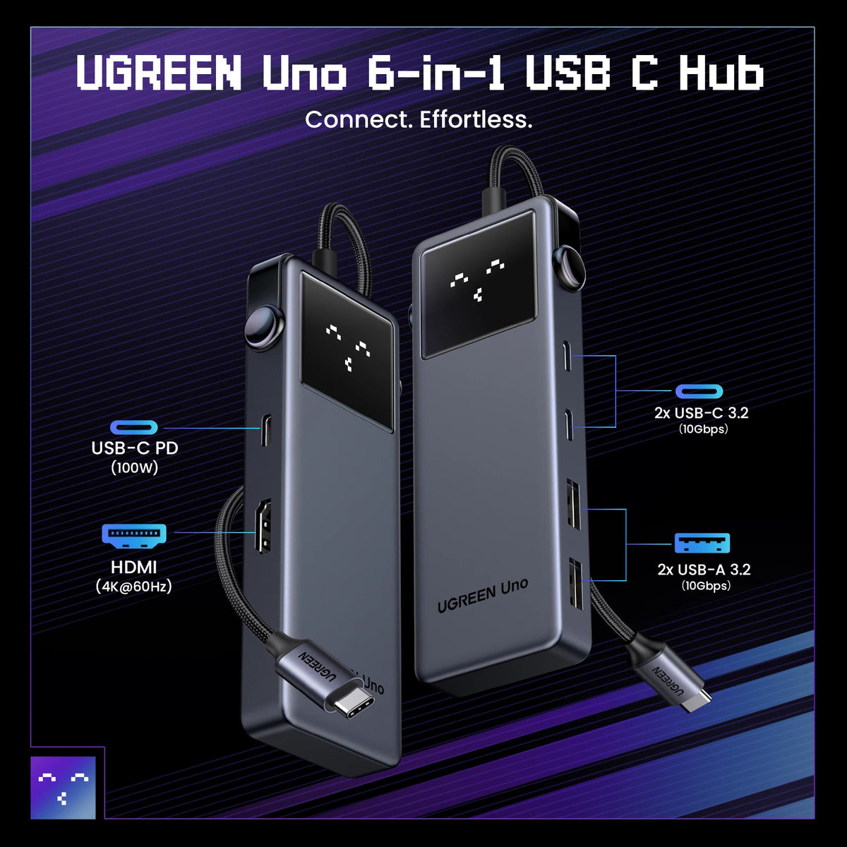 A black UGREEN Uno 6-in-1 USB C Hub showing various ports including USB-C PD, HDMI, and multiple USB-A connections.