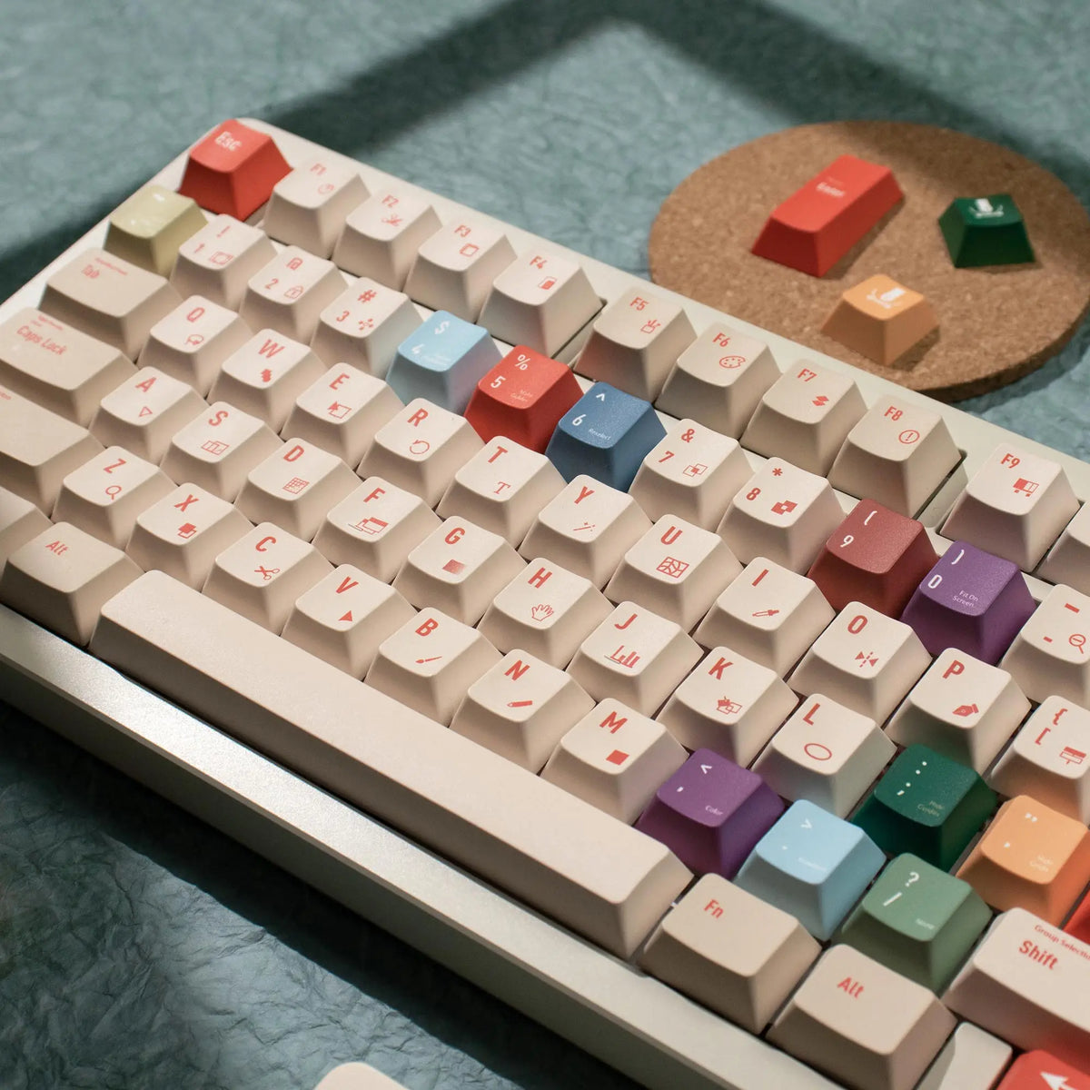A close-up view of a keyboard with retro AI illustrator PBT keycaps in cherry profile and various colors, resting on a wooden