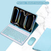 A light blue iPad case shown open, displaying a built-in Bluetooth keyboard and mouse setup.