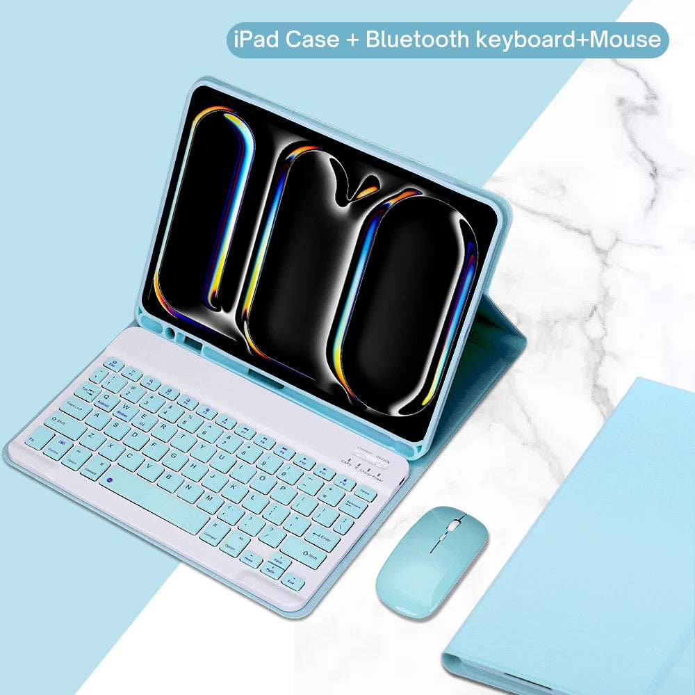 A light blue iPad case shown open, displaying a built-in Bluetooth keyboard and mouse setup.