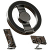 A black magnetic foldable phone stand featuring a spinner mechanism, shown with the phone attached.