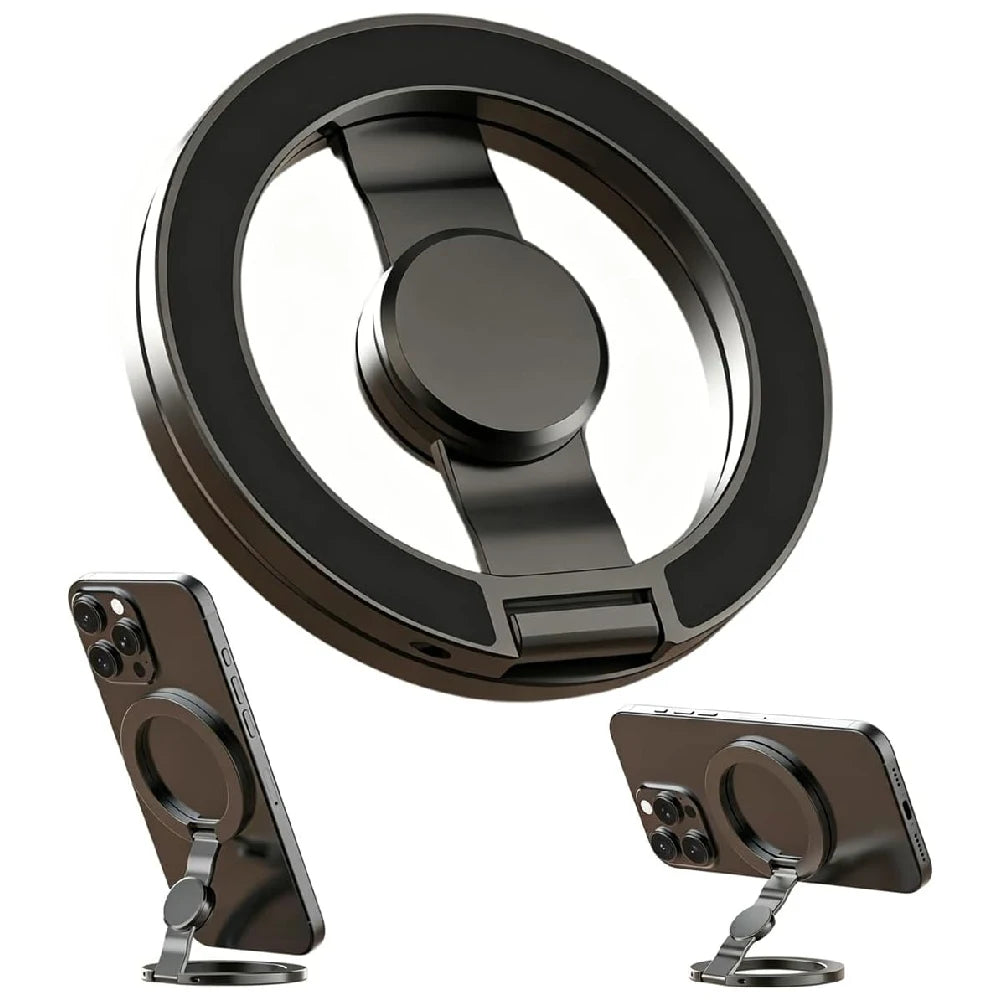 A black magnetic foldable phone stand featuring a spinner mechanism, shown with the phone attached.