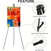 Diagram showing features of a portable black metal painting easel with a tubular steel frame and large depth support arms