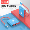 A blue USB-C hub is shown with a red cable, used for HDTV 4K@60Hz gaming.