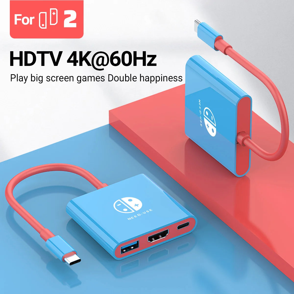 A blue USB-C hub is shown with a red cable, used for HDTV 4K@60Hz gaming.