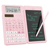 A pink scientific calculator with a built-in notepad and a folding design displaying mathematical functions.