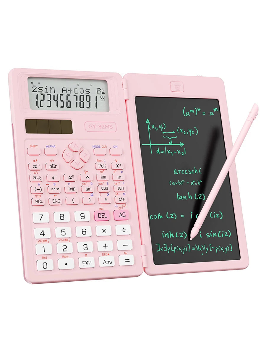 A pink scientific calculator with a built-in notepad and a folding design displaying mathematical functions.