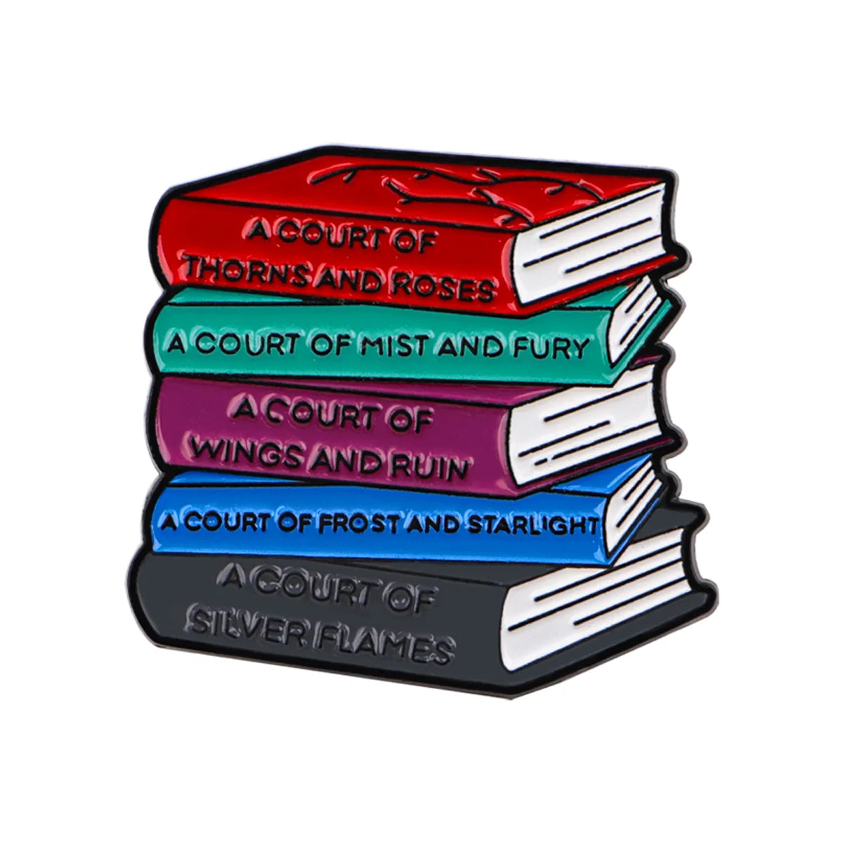 Enamel lapel pin featuring four stacked books with titles like Court of Thorns and Roses, Mist and Fury, Wings and Ruin, and 