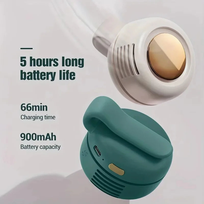 A portable mini blade-less electric fan in a light beige color with battery specifications displayed.
