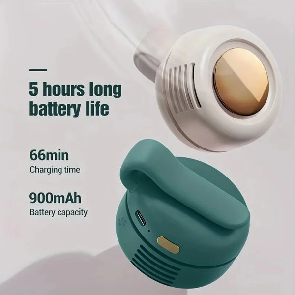 A portable mini blade-less electric fan in a light beige color with battery specifications displayed.