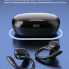 Black Bluetooth ear hooks with microphone shown next to a charging case and battery specifications