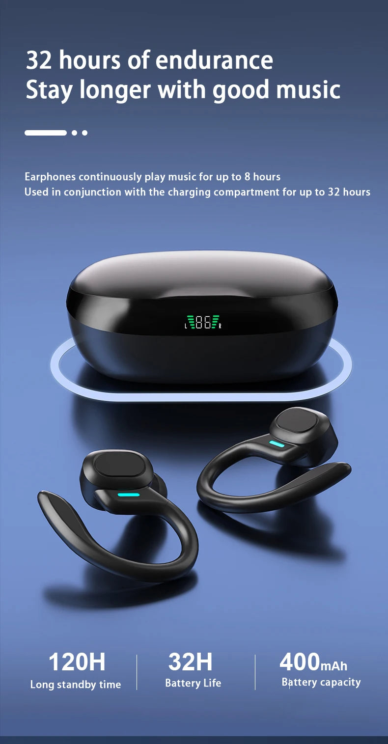 Black Bluetooth ear hooks with microphone shown next to a charging case and battery specifications