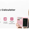 A young woman holds a pink scientific calculator with a built-in notepad and a black LCD screen.