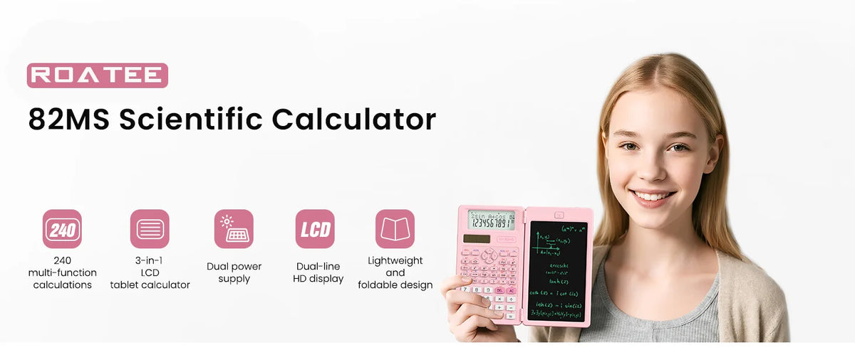 A young woman holds a pink scientific calculator with a built-in notepad and a black LCD screen.