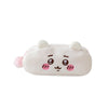 A white Chiikawa plush pencil case shaped like a cute animal face with pink accents.