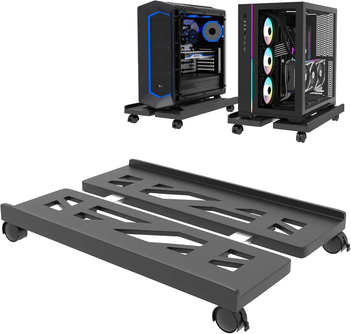 A black adjustable mobile CPU stand with caster wheels and two computer cases.