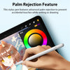A hand holds a white stylus pen drawing on an iPad screen, demonstrating the palm rejection feature.