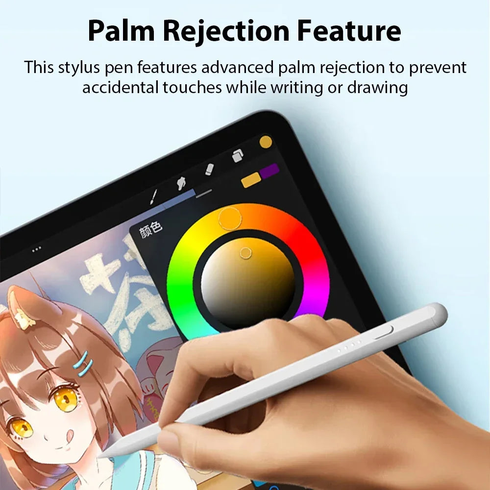 A hand holds a white stylus pen drawing on an iPad screen, demonstrating the palm rejection feature.