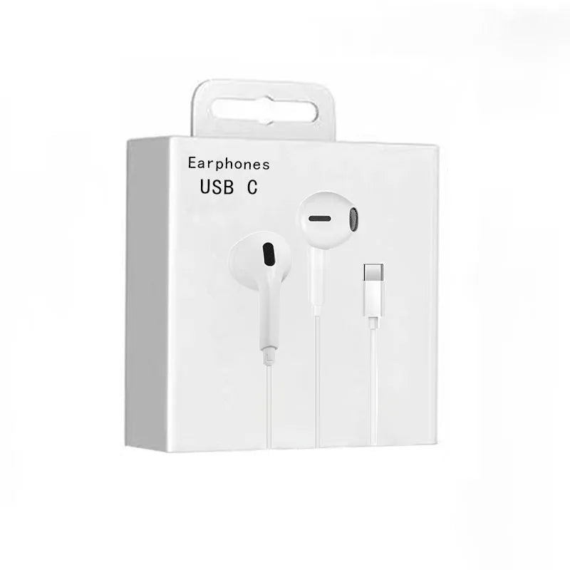 White box packaging for wired USB-C earphones with microphone.