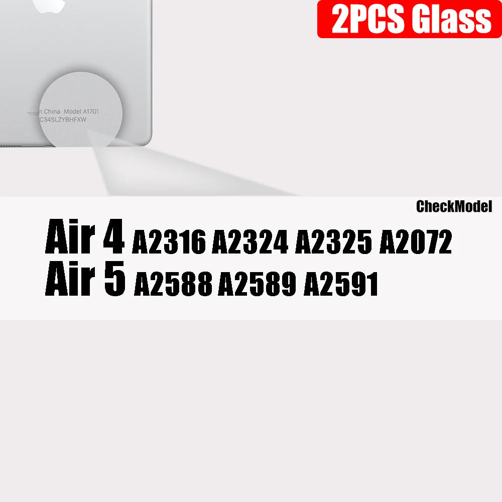 Zwei transparente gehärtete Glasbildschirmschutzfolien für ein Apple iPad Modell A1701.