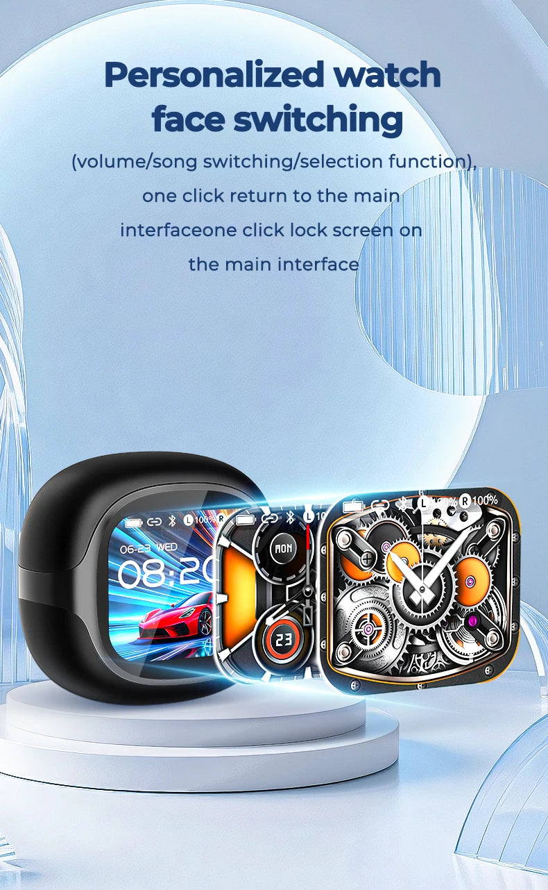 A black smartwatch is shown next to a disassembled watch face, demonstrating personalized watch face switching features.