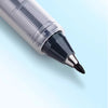 A close-up view of a clear pen with a black tip and silver clip, showing the writing instrument.