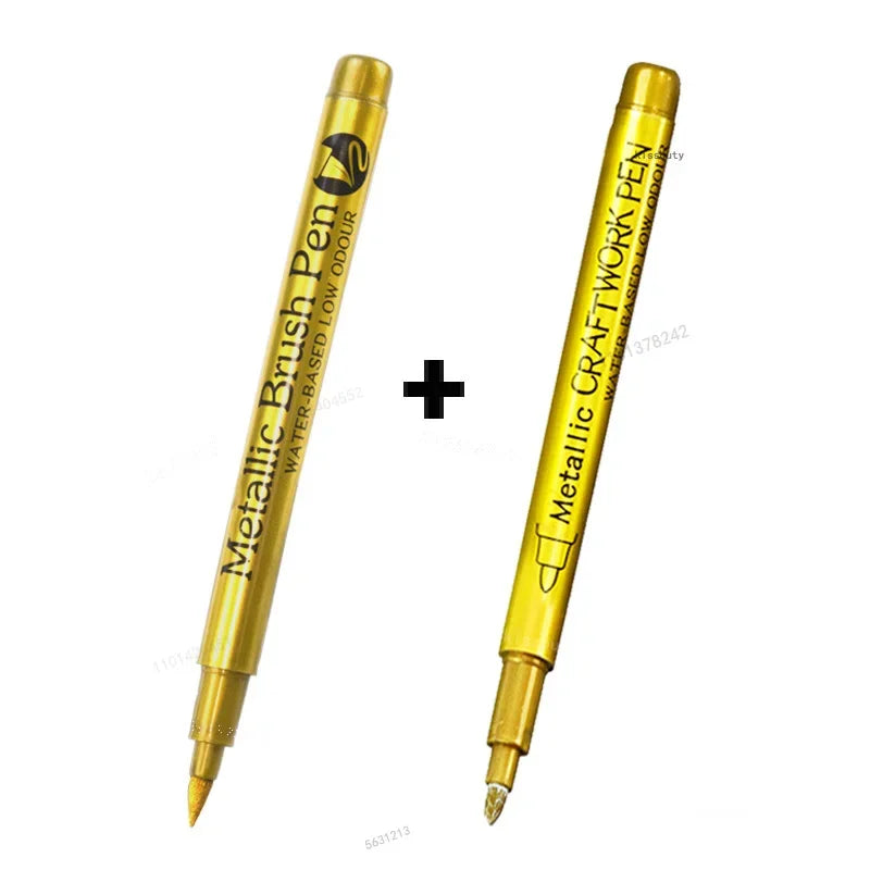 A pair of metallic brush pen markers for art and craft projects shown vertically.
