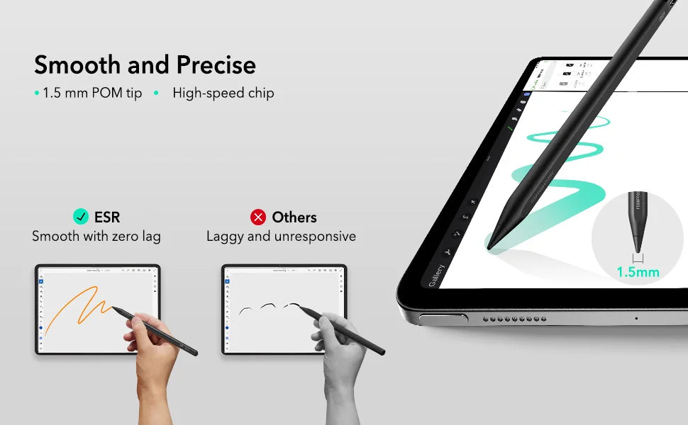 A stylus pen is shown writing on an iPad screen, demonstrating smooth and precise input.