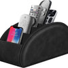 A black PU leather remote control holder with five compartments displaying various electronic devices.