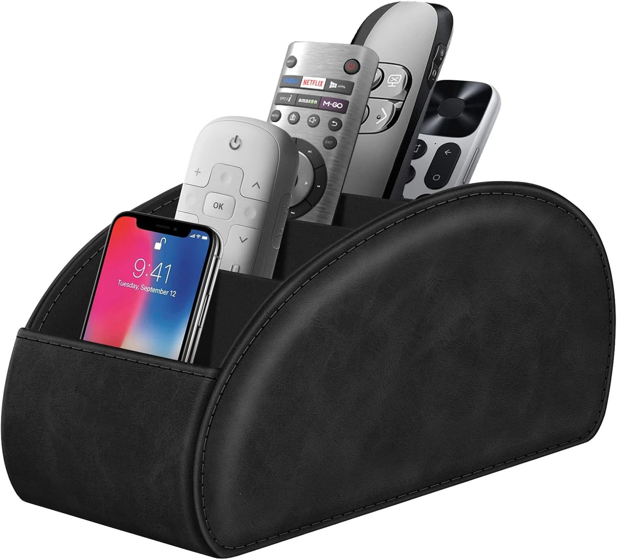 A black PU leather remote control holder with five compartments displaying various electronic devices.