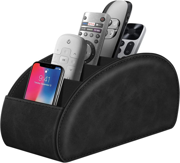 A black PU leather remote control holder with five compartments displaying various electronic devices.