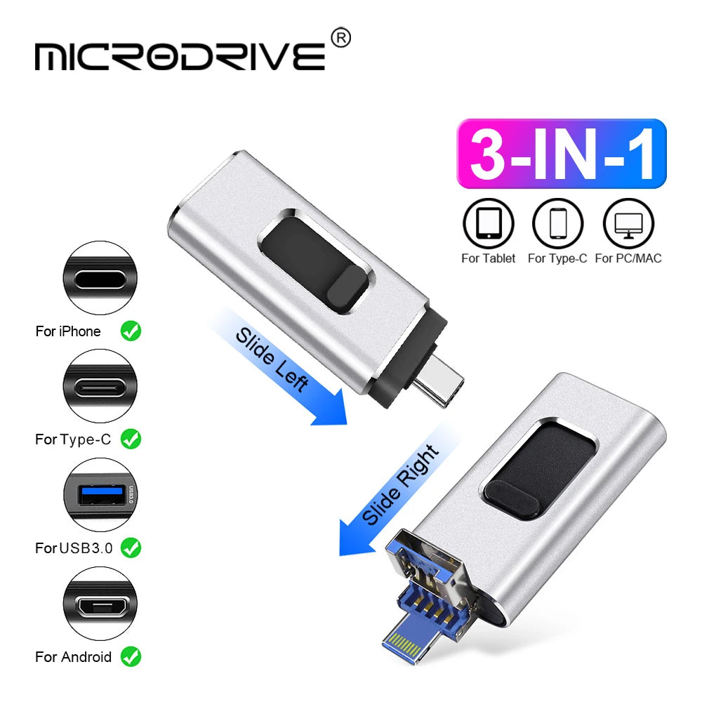 Silver MicroDrive flash drive with multiple connectors for tablet, Type-C, PC/Mac, and Android devices