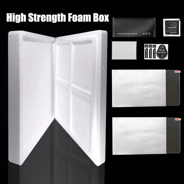 A high strength foam box with an open lid showing protective foam inserts and instructions for dual clear tempered glass scre