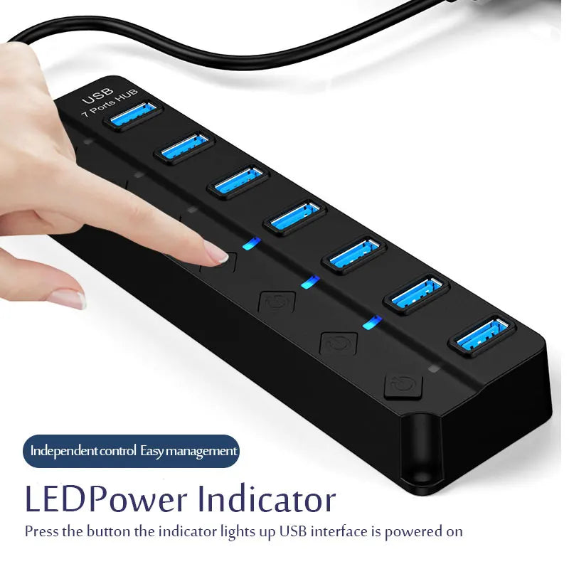 A hand is pressing a button on a black 7-port USB hub with LED indicators to power on the interface.
