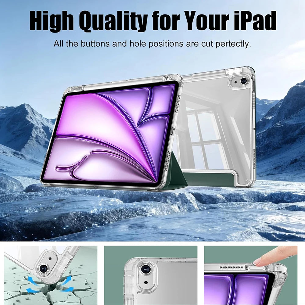 A clear protective case for an iPad Air showing the buttons and hole positions are cut perfectly.