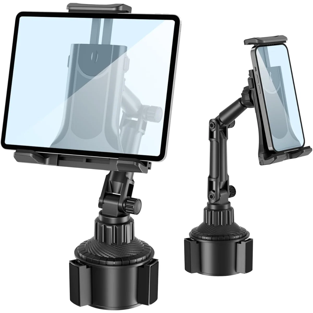 A universal car mount with a long rotating arm is shown, holding a tablet and a smartphone.